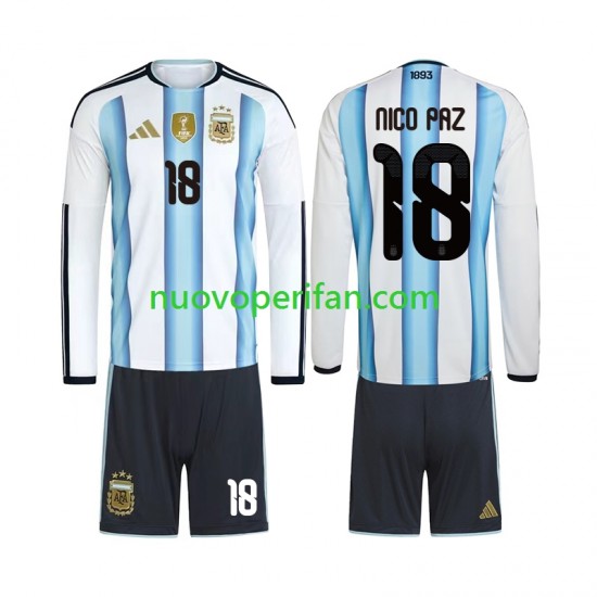 Maglie da Calcio Argentina Nico Paz 18 Bambino Prima Tenuta Mondiali 2026 Maniche Lunghe