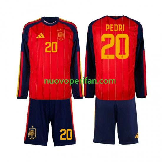 Maglie da Calcio Spagna Pedri 20 Bambino Prima Tenuta Mondiali 2026 Maniche Lunghe
