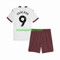 Maglie da Calcio Manchester City Erling Haaland 9 Bambino Trasferta Tenuta 2023-2024 Maniche Corte