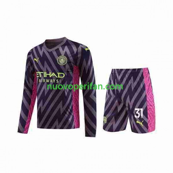 Maglie da Calcio Manchester City Ederson Moraes 31 Portiere Bambino Trasferta Tenuta 2023-2024 Maniche Lunghe