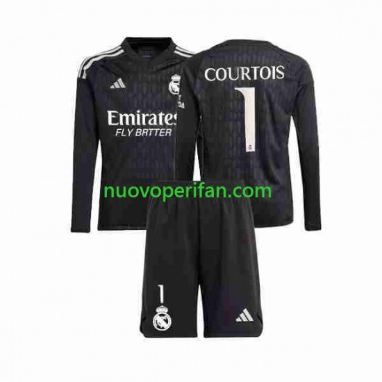 Maglie da Calcio Real Madrid Thibaut Courtois 1 Portiere Bambino Trasferta Tenuta 2023-2024 Maniche Lunghe