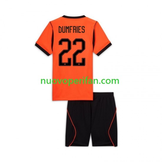 Maglie da Calcio Paesi Bassi Denzel Dumfries 22 Bambino Prima Tenuta Mondiali 2026 Maniche Corte