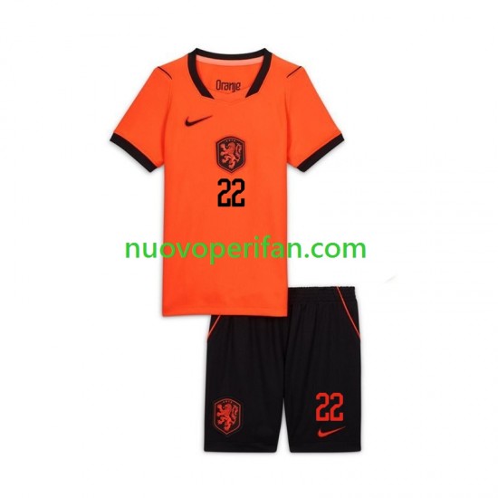 Maglie da Calcio Paesi Bassi Denzel Dumfries 22 Bambino Prima Tenuta Mondiali 2026 Maniche Corte