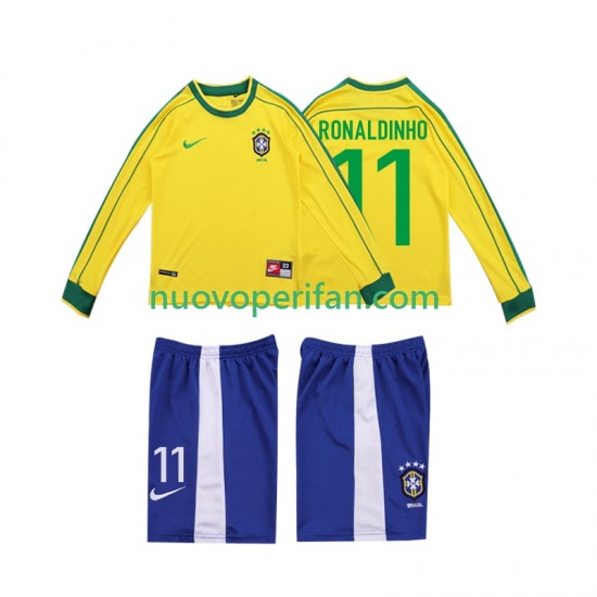 Maglie da Calcio Brasile RONALDINHO 11 Retro Bambino Prima Tenuta 1998 Maniche Lunghe