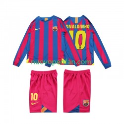 Maglie da Calcio FC Barcelona RONALDINHO 10 2005 Retro Bambino Prima Tenuta 2006 Maniche Lunghe