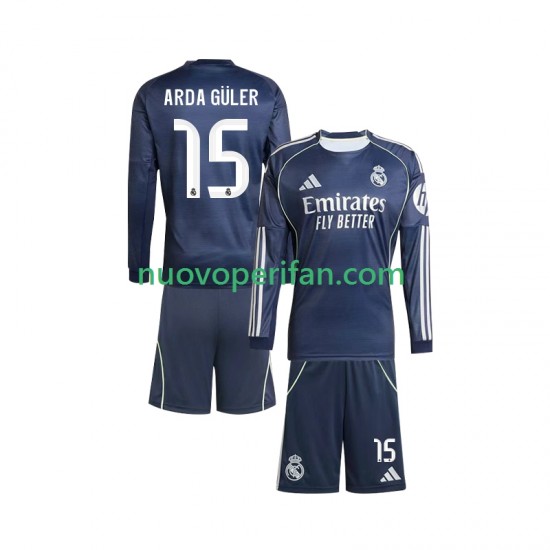 Maglie da Calcio Real Madrid Arda Guler 15 Bambino Trasferta Tenuta 2025-2026 Maniche Lunghe