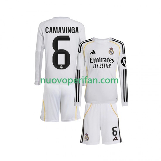 Maglie da Calcio Real Madrid Camavinga 6 Bambino Prima Tenuta 2025-2026 Maniche Lunghe