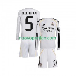 Maglie da Calcio Real Madrid Jude Bellingham 5 Bambino Prima Tenuta 2025-2026 Maniche Lunghe