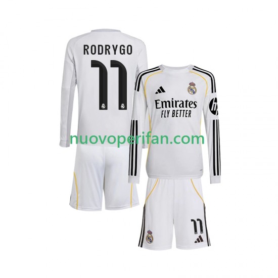 Maglie da Calcio Real Madrid Rodrygo 11 Bambino Prima Tenuta 2025-2026 Maniche Lunghe