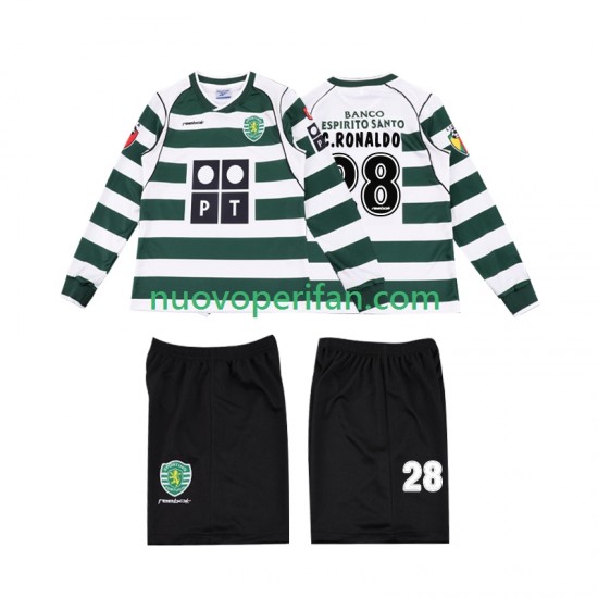Maglie da Calcio Sporting CP Cristiano Ronaldo 28 2001 2003 Retro Bambino Prima Tenuta Maniche Lunghe