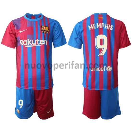 Maglie da Calcio FC Barcelona Memphis Depay 9 Bambino Prima Tenuta 2021-2022 Maniche Corte