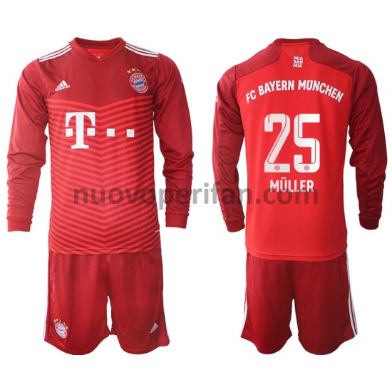 Maglie da Calcio FC Bayern München Thomas Muller 25 Bambino Prima Tenuta 2021-2022 Maniche Lunghe