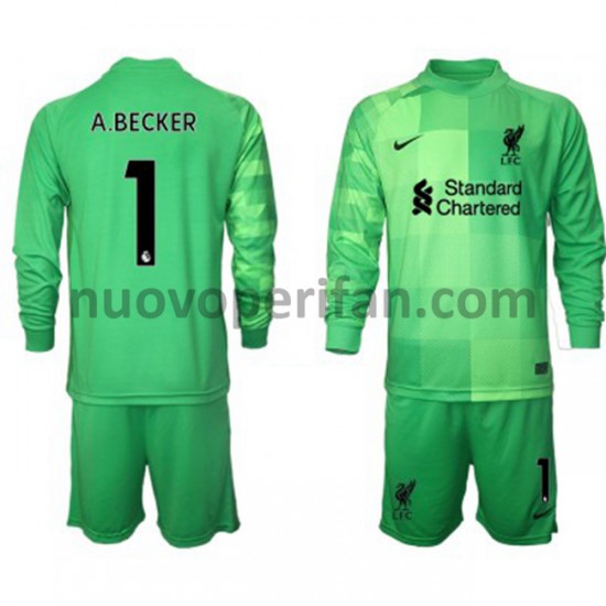 Maglie da Calcio Liverpool Portiere Alisson Becker 1 Bambino Prima Tenuta 2021-2022 Maniche Lunghe