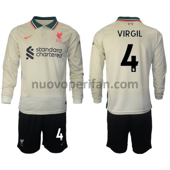 Maglie da Calcio Liverpool Virgil van Dijk 4 Bambino Trasferta Tenuta 2021-2022 Maniche Lunghe