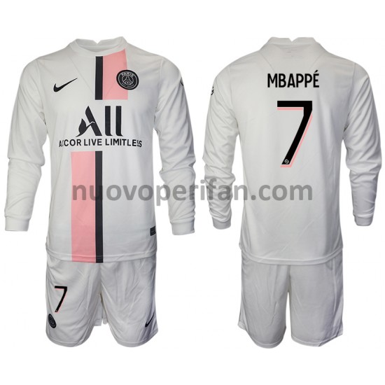 Maglie da Calcio Paris Saint-Germain Kylian Mbappé 7 Bambino Trasferta Tenuta 2021-2022 Maniche Lunghe