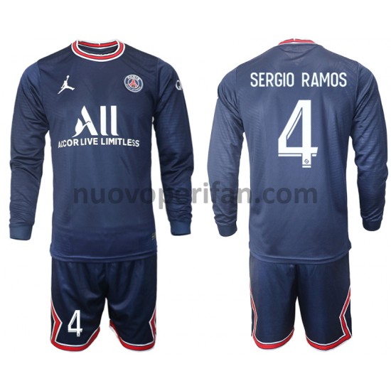 Maglie da Calcio Paris Saint-Germain Sergio Ramos 4 Bambino Prima Tenuta 2021-2022 Maniche Lunghe