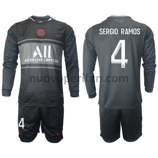 Maglie da Calcio Paris Saint-Germain Sergio Ramos 4 Bambino Alternativa Tenuta 2021-2022 Maniche Lunghe