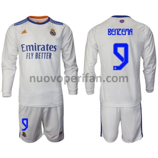 Maglie da Calcio Real Madrid Benzema 9 Bambino Prima Tenuta 2021-2022 Maniche Lunghe