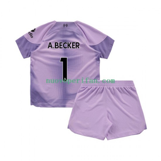 Maglie da Calcio Liverpool Alisson Becker 1 Portiere Bambino Prima Tenuta 2022-2023 Maniche Corte