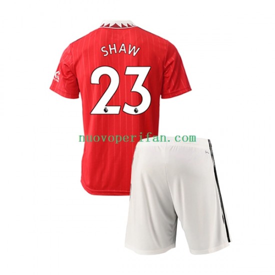 Maglie da Calcio Manchester United Luke Shaw 23 Bambino Prima Tenuta 2022-2023 Maniche Corte