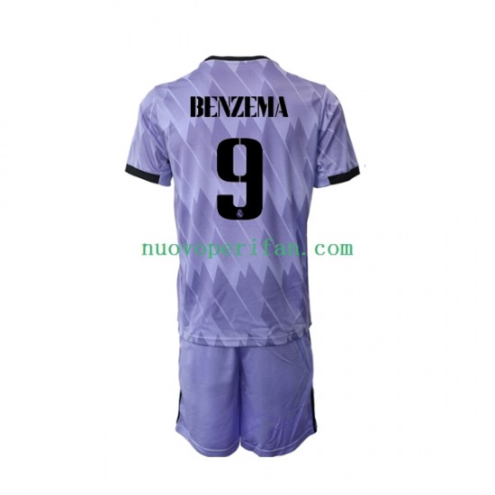 Maglie da Calcio Real Madrid Karim Benzema 9 Bambino Trasferta Tenuta 2022-2023 Maniche Corte