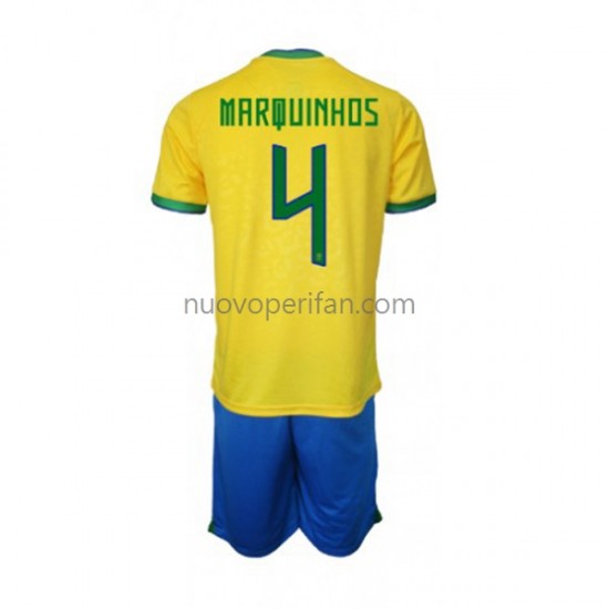 Maglie da Calcio Brasile Marquinhos 4 Bambino Prima Tenuta Mondiali 2022 Maniche Corte