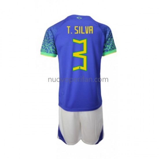 Maglie da Calcio Brasile Thiago Silva 3 Bambino Trasferta Tenuta Mondiali 2022 Maniche Corte