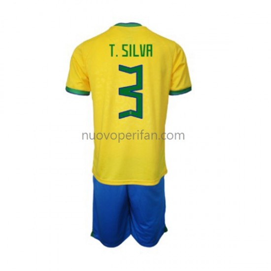 Maglie da Calcio Brasile Thiago Silva 3 Bambino Prima Tenuta Mondiali 2022 Maniche Corte