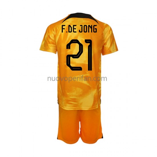 Maglie da Calcio Paesi Bassi Frenkie de Jong 21 Bambino Prima Tenuta Mondiali 2022 Maniche Corte