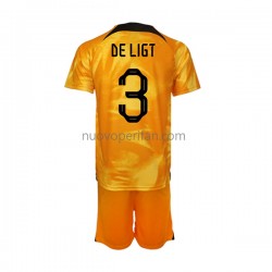 Maglie da Calcio Paesi Bassi Matthijs de Ligt 3 Bambino Prima Tenuta Mondiali 2022 Maniche Corte